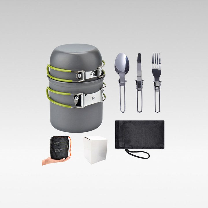 Unisex aluminum camping cookware set for outdoor kitchen & portable grilling, lightweight hiking equipment.