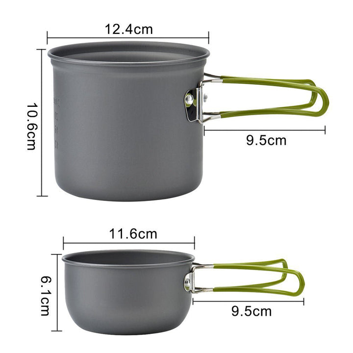 Compact outdoor kitchen 10-piece aluminum cookware set, perfect for camping & hiking adventures.