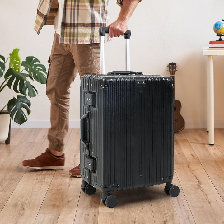 Smooth, silent 360-degree spinner wheels on durable unisex aluminum frame luggage for effortless travel.