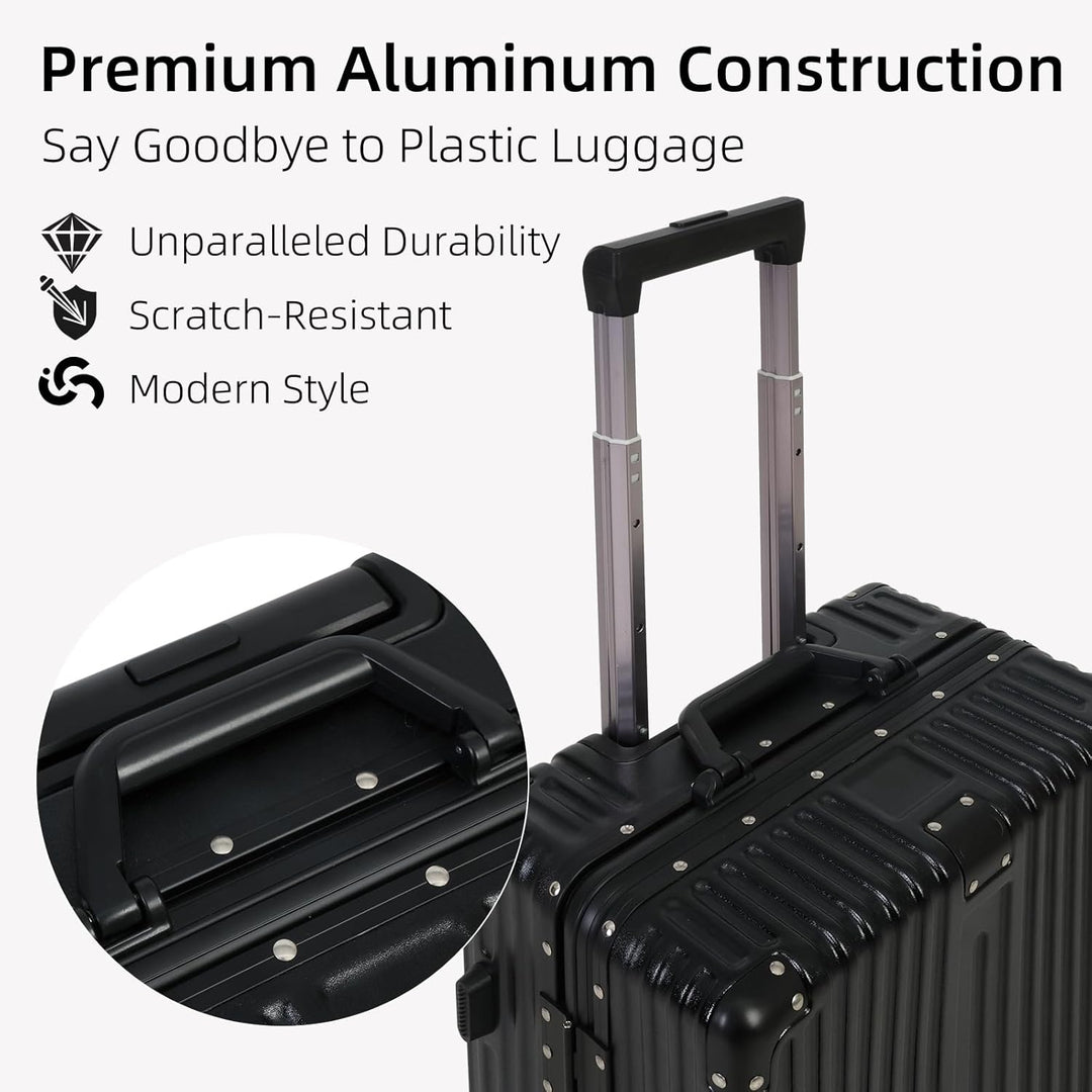 Secure TSA-approved lock on sleek unisex aluminum frame luggage, ensuring safe and easy check-in travel.