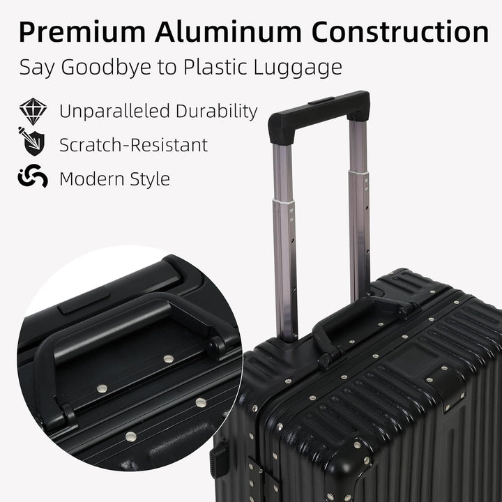 Secure TSA-approved lock on sleek unisex aluminum frame luggage, ensuring safe and easy check-in travel.