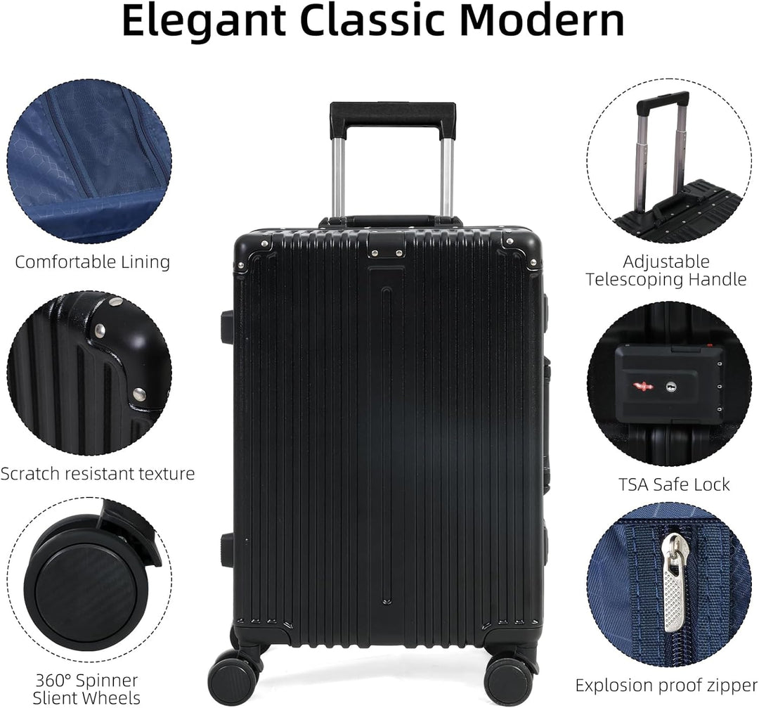 Durable hardside aluminum frame luggage with spacious interior, ideal for unisex carry-on or check-in travel.
