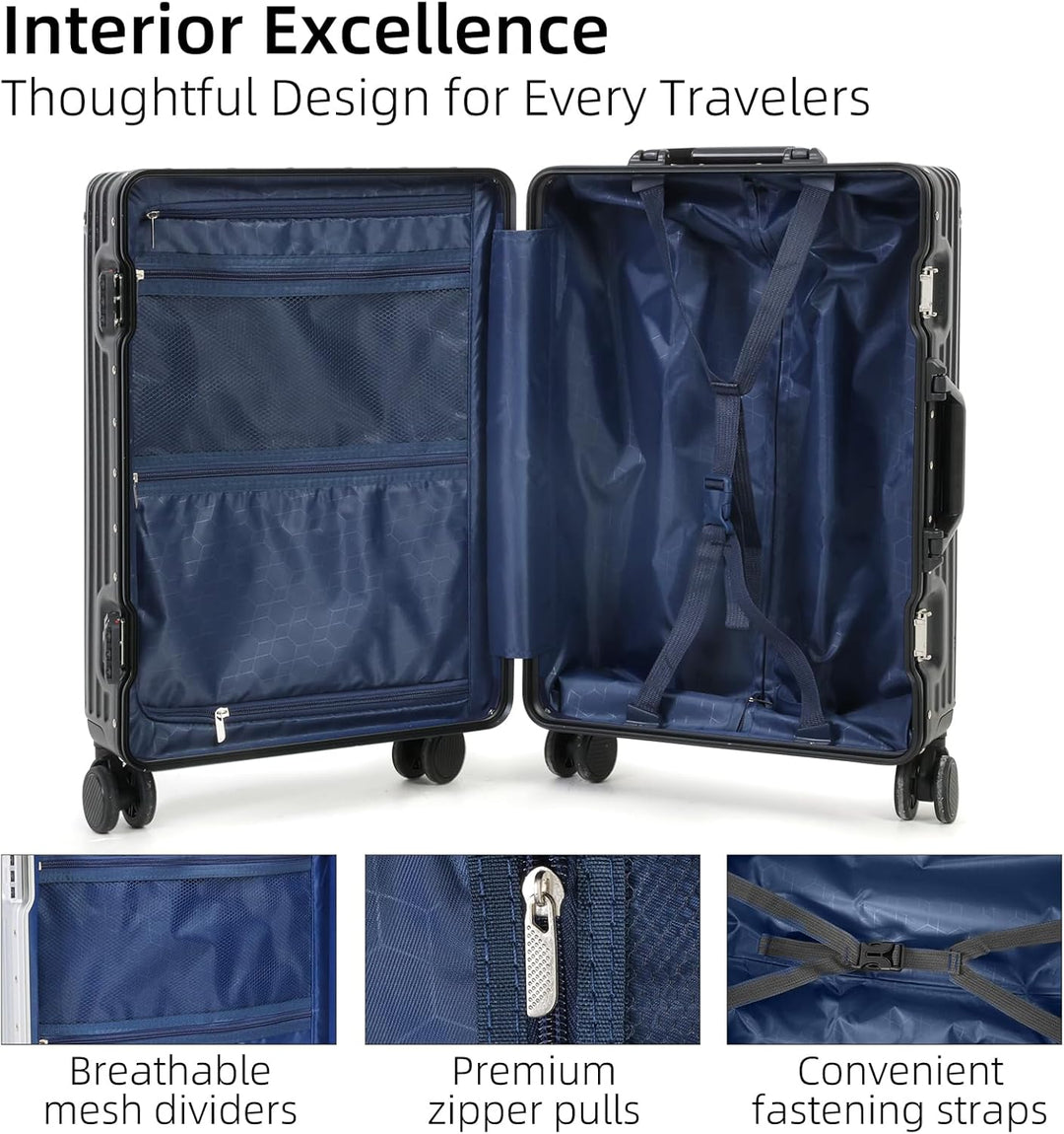 Compact unisex carry-on luggage with strong aluminum frame, TSA lock, and smooth wheels for easy travel.
