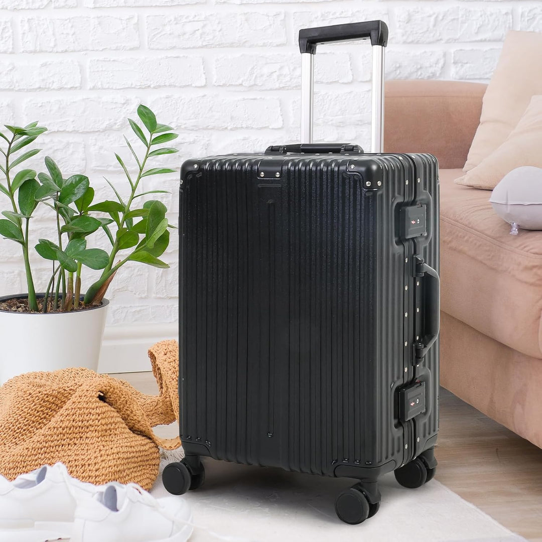 Unisex aluminum frame luggage with TSA lock and smooth wheels, perfect for efficient airport business travel.