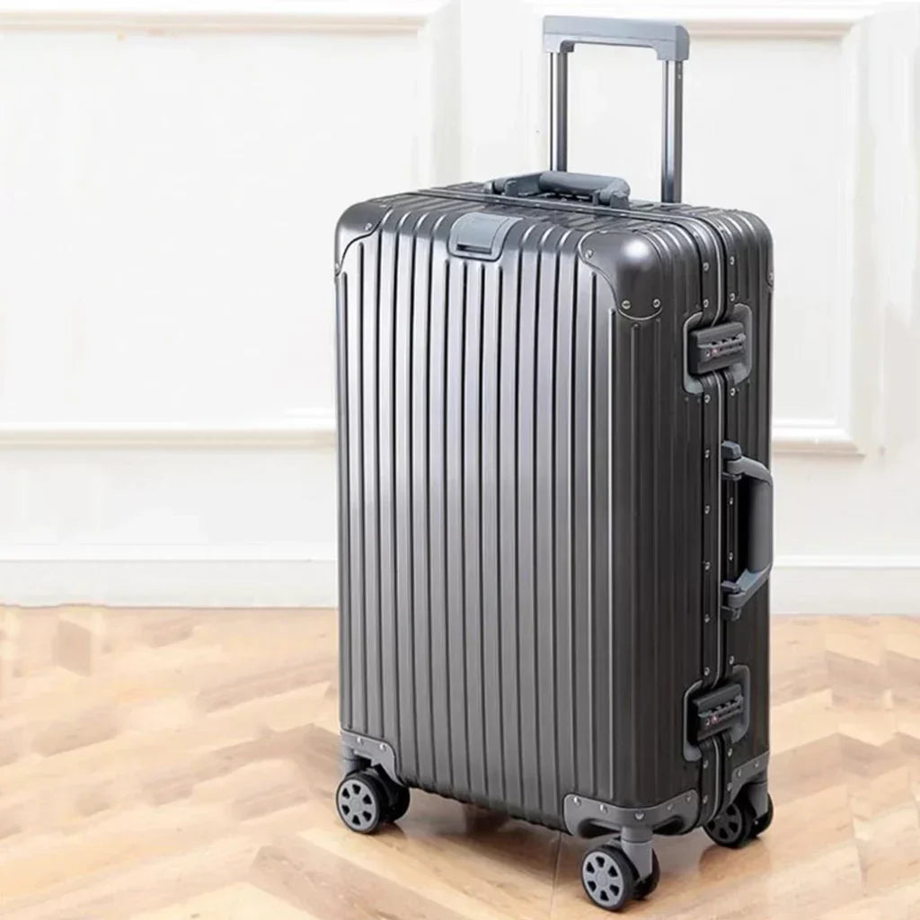 Unisex aluminum-magnesium hardshell suitcase, durable travel luggage with spinner wheels.