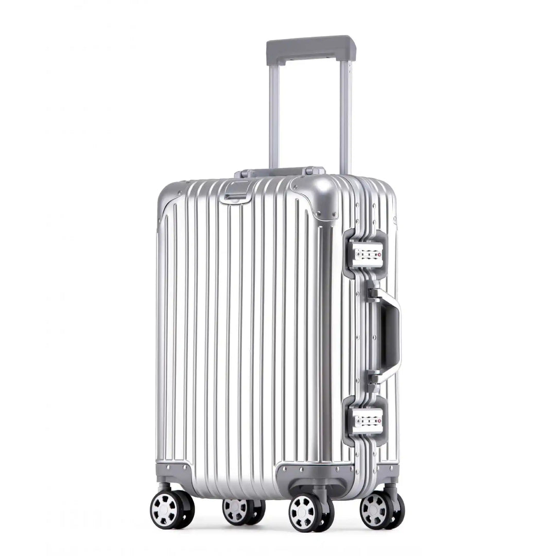 Versatile aluminum hardshell suitcase, great for carry-on or checked travel, durable.