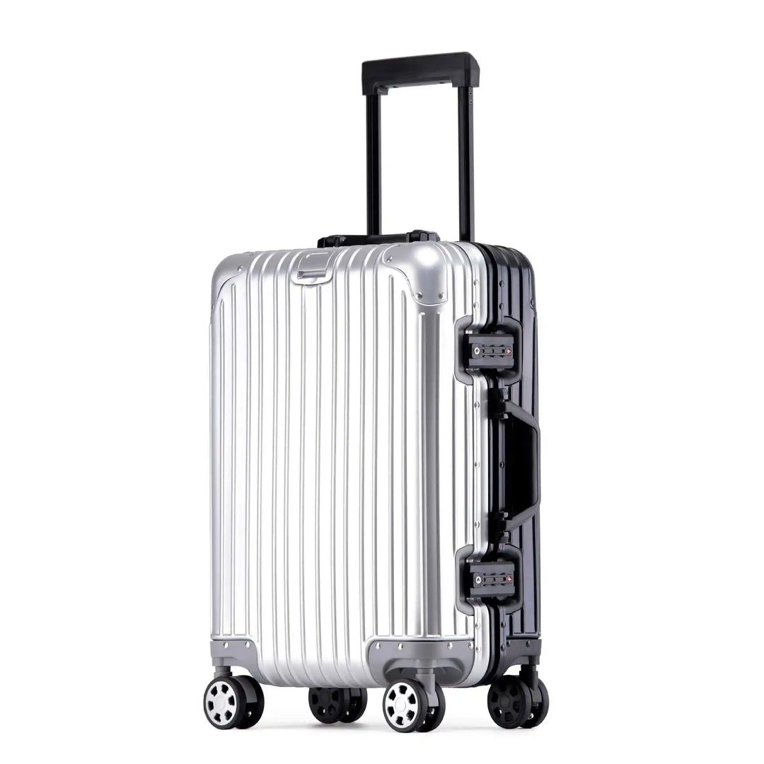 Stylish unisex hardshell suitcase, aluminum-magnesium alloy for robust & secure travel.