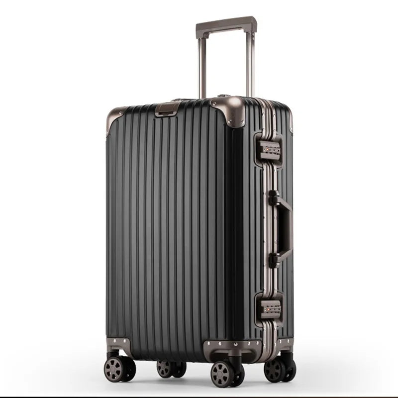 Premium carry-on aluminum hardshell suitcase with silent spinner wheels, ideal for travel.