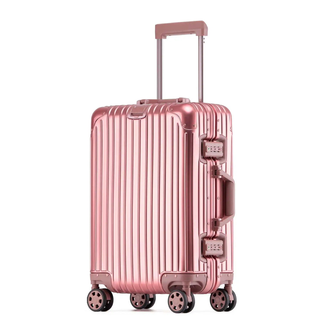 Modern hardshell suitcase with strong aluminum alloy and easy-glide spinner wheels.