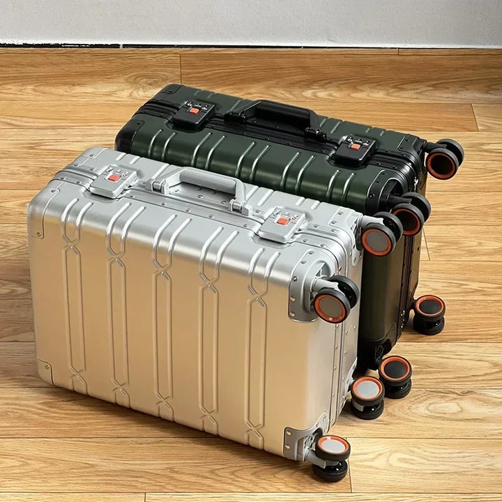 Unisex aluminum-magnesium hardside spinner luggage, durable for travel.