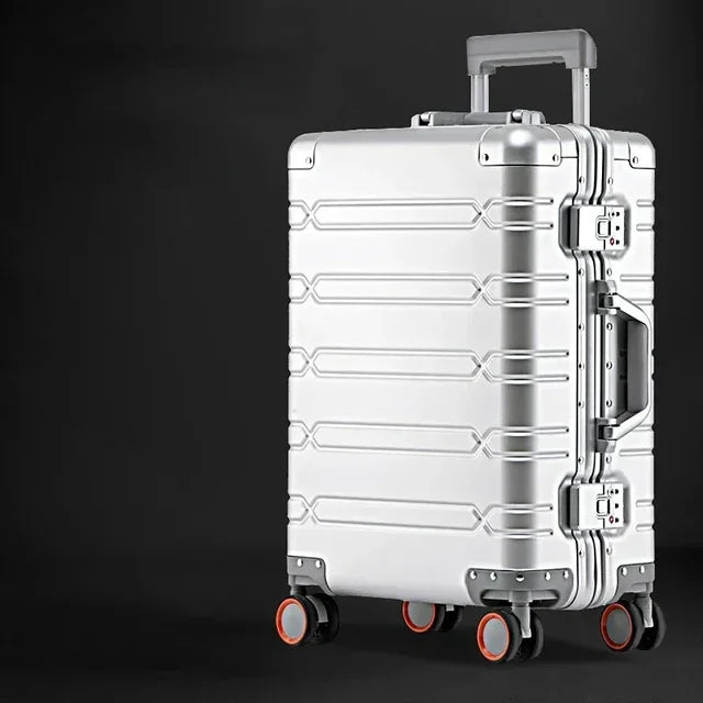 Elegant aluminum-magnesium hardside suitcase, blending durability with sophisticated travel style.