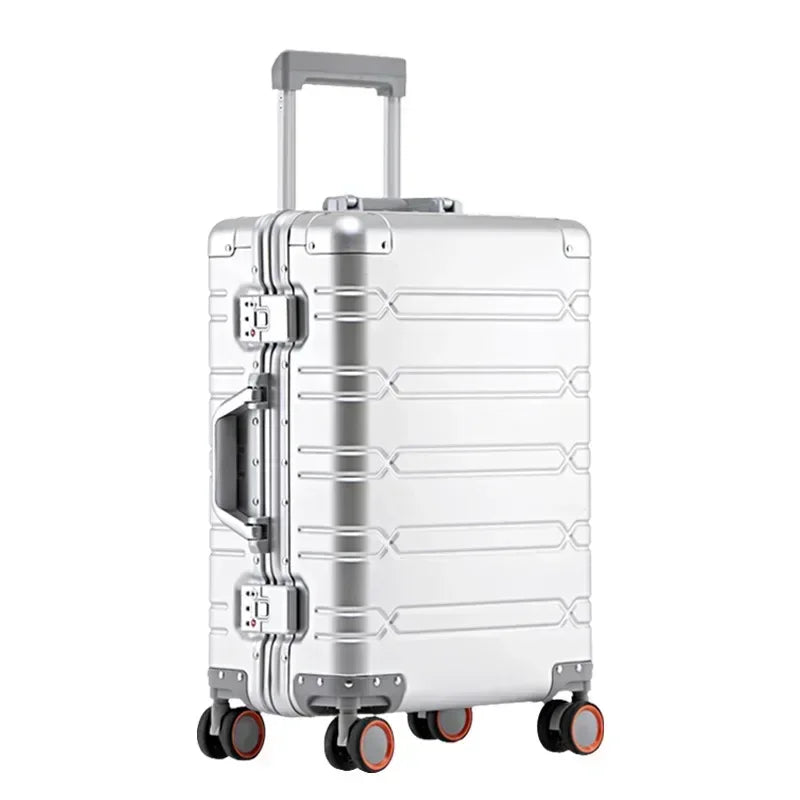 Sleek silver aluminum-magnesium hardside luggage with smooth spinner wheels for easy travel.