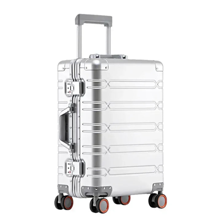 Sleek silver aluminum-magnesium hardside luggage with smooth spinner wheels for easy travel.