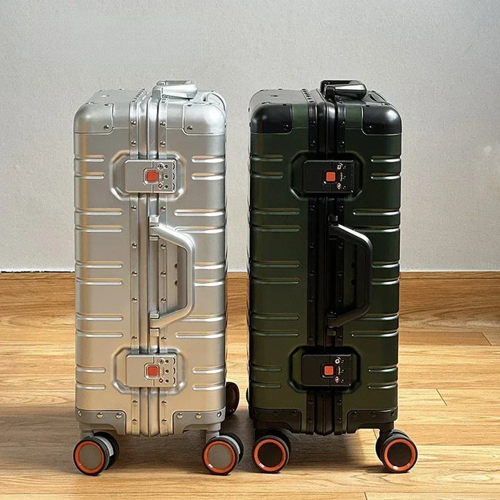 Durable hardside spinner suitcase made from lightweight aluminum-magnesium, perfect for carry-on travel.