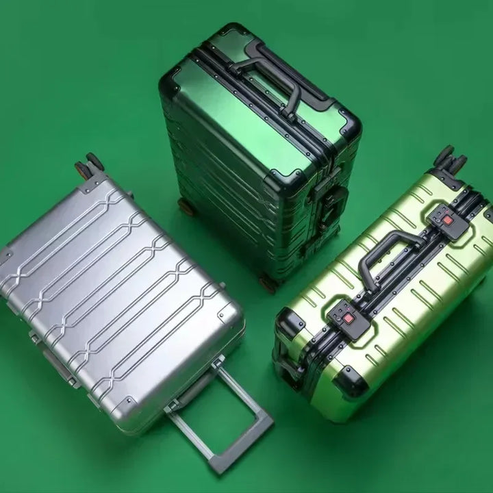 Modern unisex travel luggage, aluminum-magnesium hardside design for secure checked baggage.
