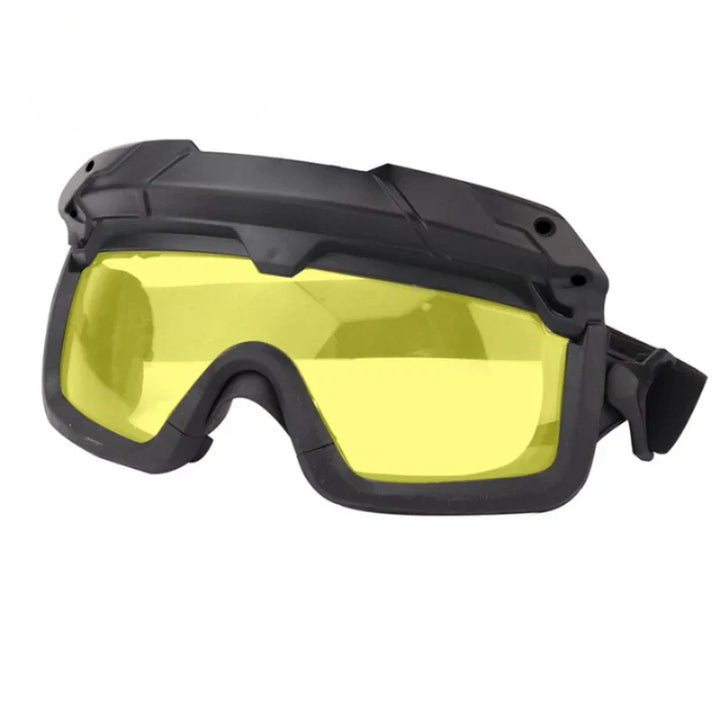 Black tactical goggles featuring anti-fog coating and UV protection for outdoor sports enthusiasts.