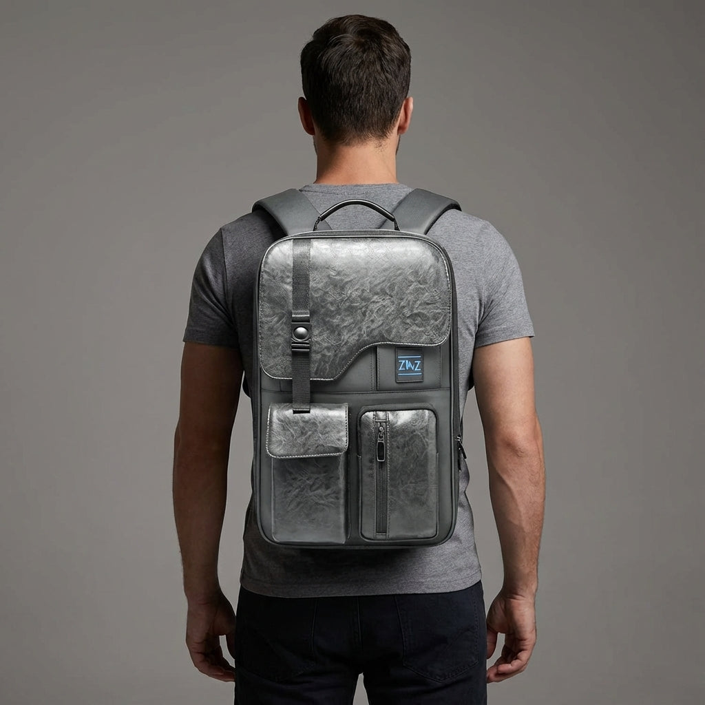 Modern anti-theft business backpack for laptops. Features secure zippers, perfect for travel or daily commute.