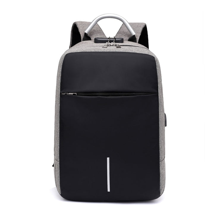 Stylish black tech backpack: anti-theft hidden zippers, water-resistant material & easy-access USB charging.