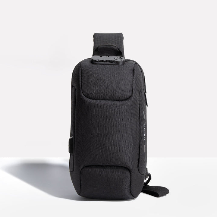 Unisex anti-theft sling bag with USB charging port in black. Secure crossbody travel & commuter bag for everyday carry.