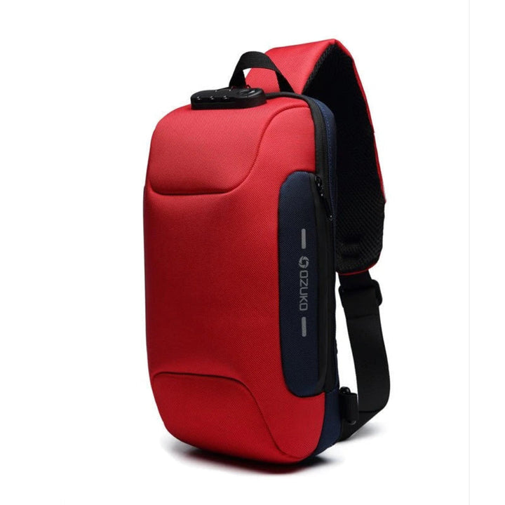 Red anti-theft sling bag showing USB charging port. Secure unisex crossbody travel & commuter bag for essentials.