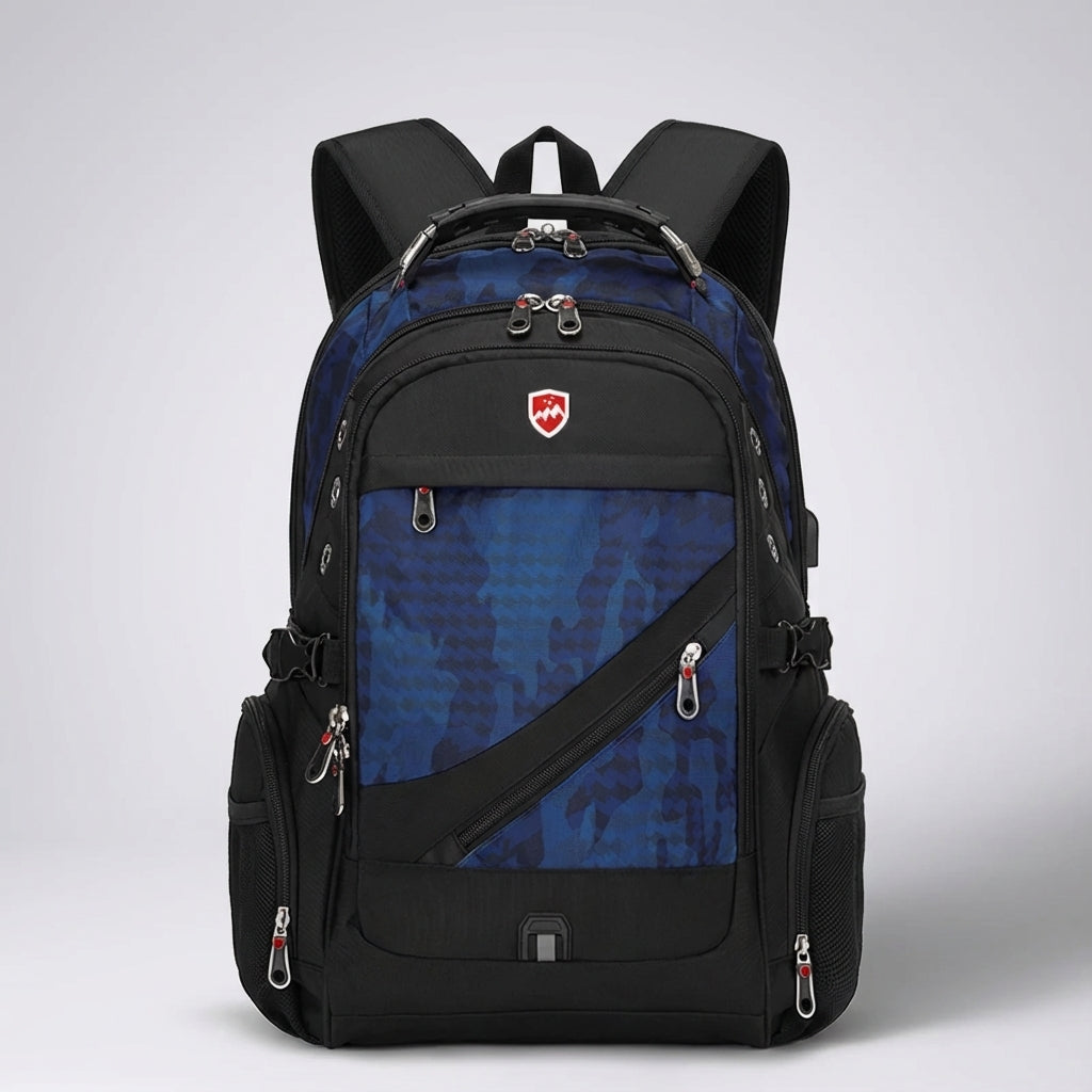 Open anti-theft travel backpack displaying multiple compartments for organized storage, laptop & travel essentials.