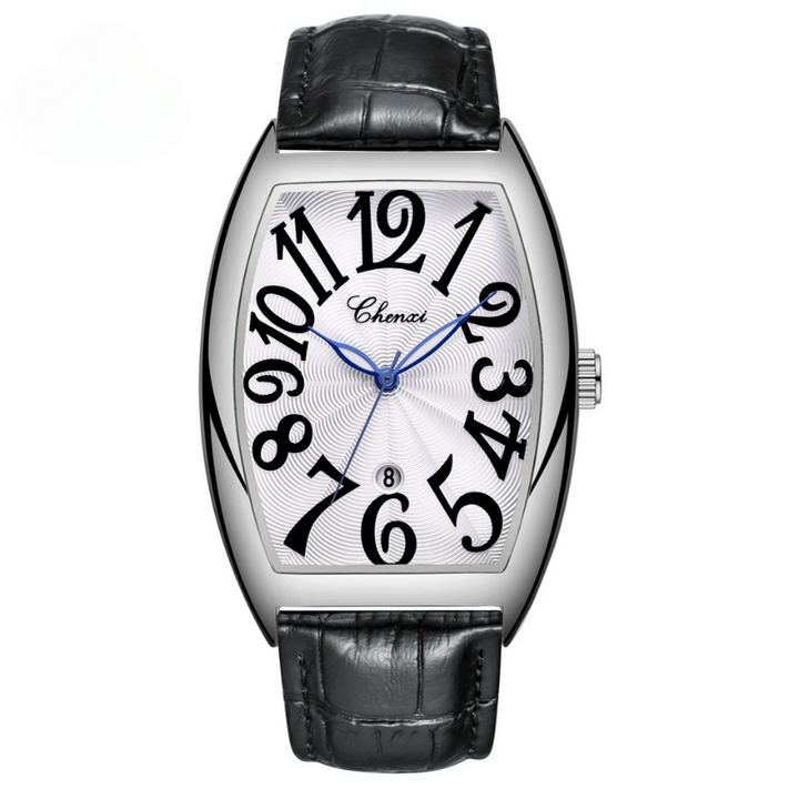 Art Deco Tonneau case watch, with a captivating sunburst dial and striking oversized numerals.