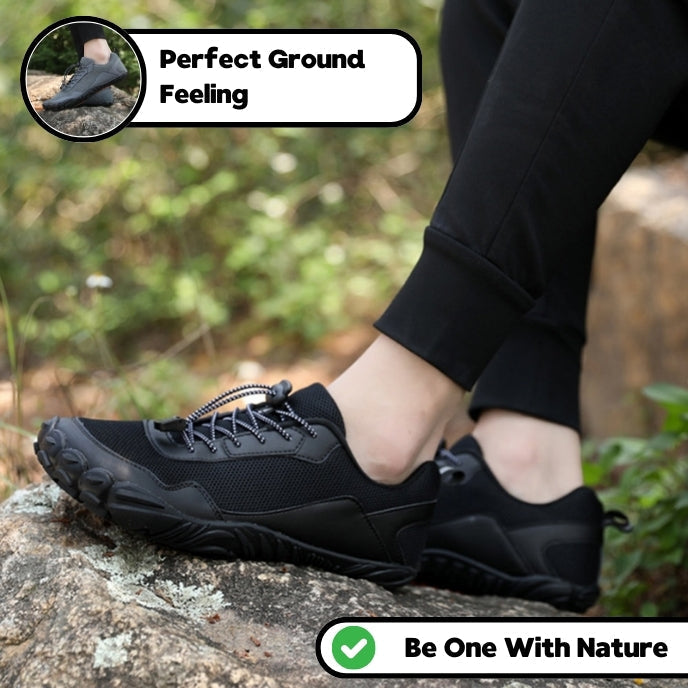 Ergonomic unisex hiking trainers: wide toe box, non-slip, flexible for natural foot movement & comfort.