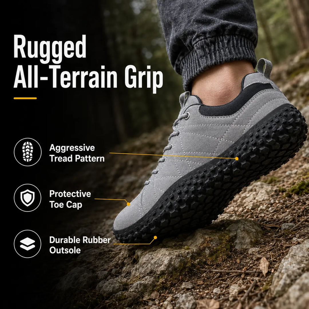 Athletic barefoot hiking trainers, zero drop & flexible sole for outdoor performance.