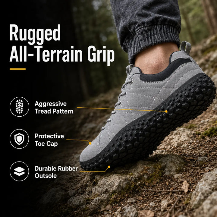 Athletic barefoot hiking trainers, zero drop & flexible sole for outdoor performance.