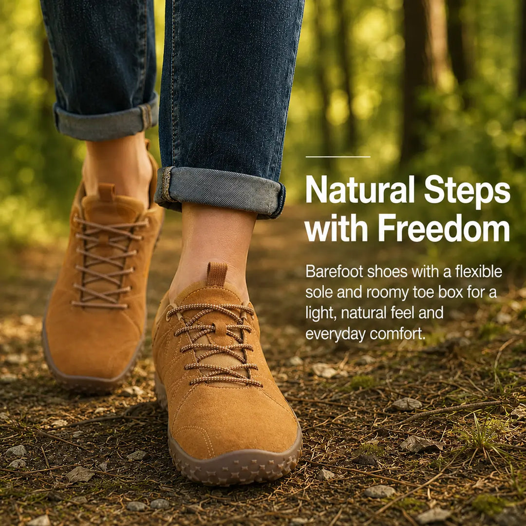 Orthopedic wide toe box barefoot hiking trainers, ideal for natural walking.