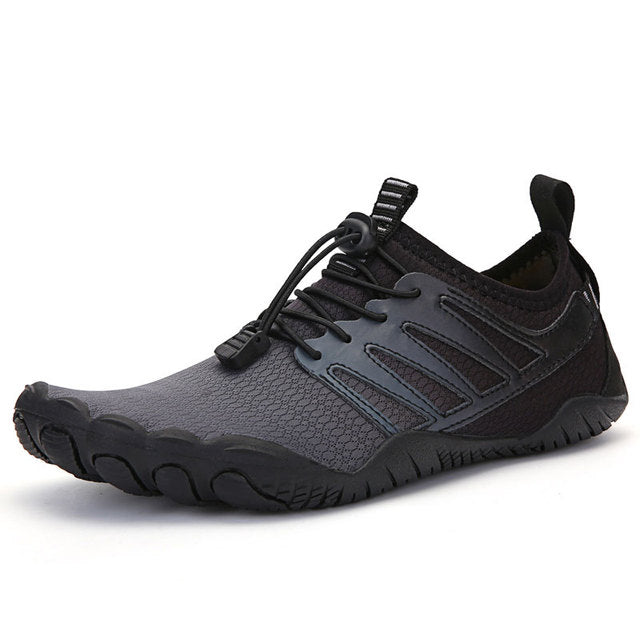Pair of unisex barefoot shoes for running, front view, lightweight design.