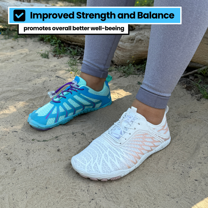 Barefoot running shoes, grey, lightweight & minimalist, for improved posture.