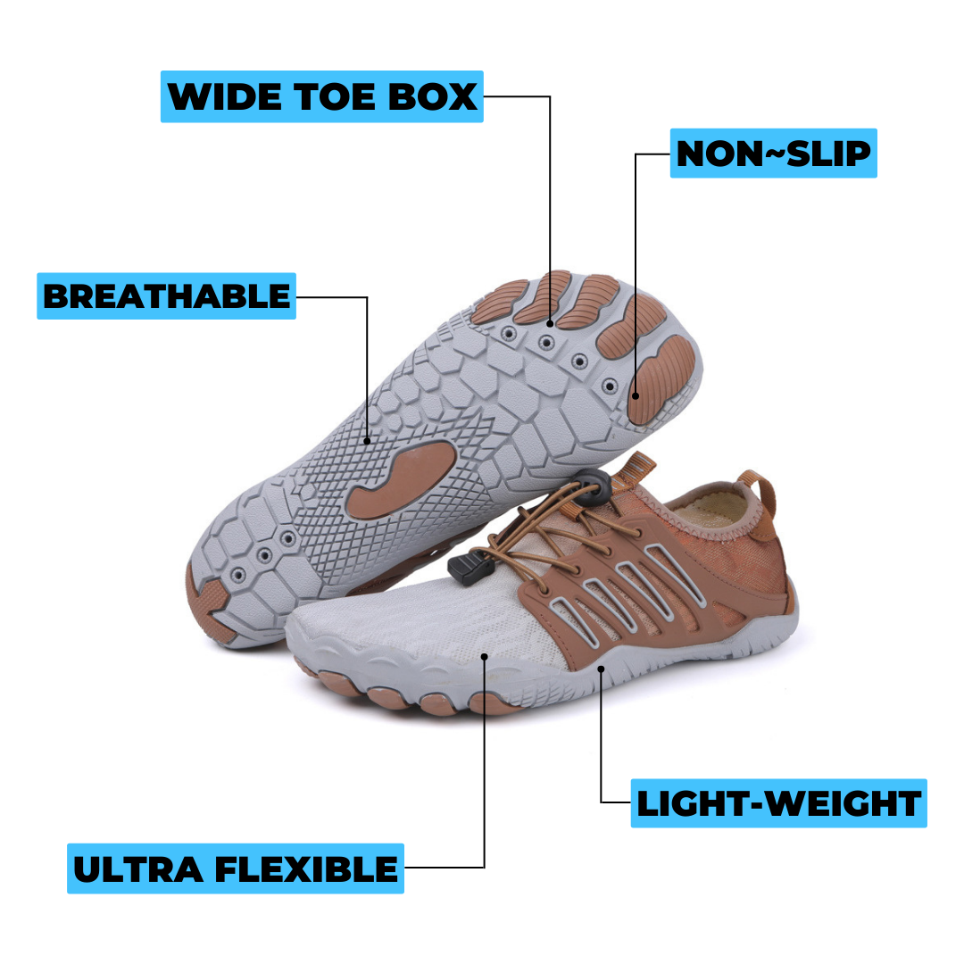 Lightweight minimalist running shoes, black, natural foot splay, breathable.
