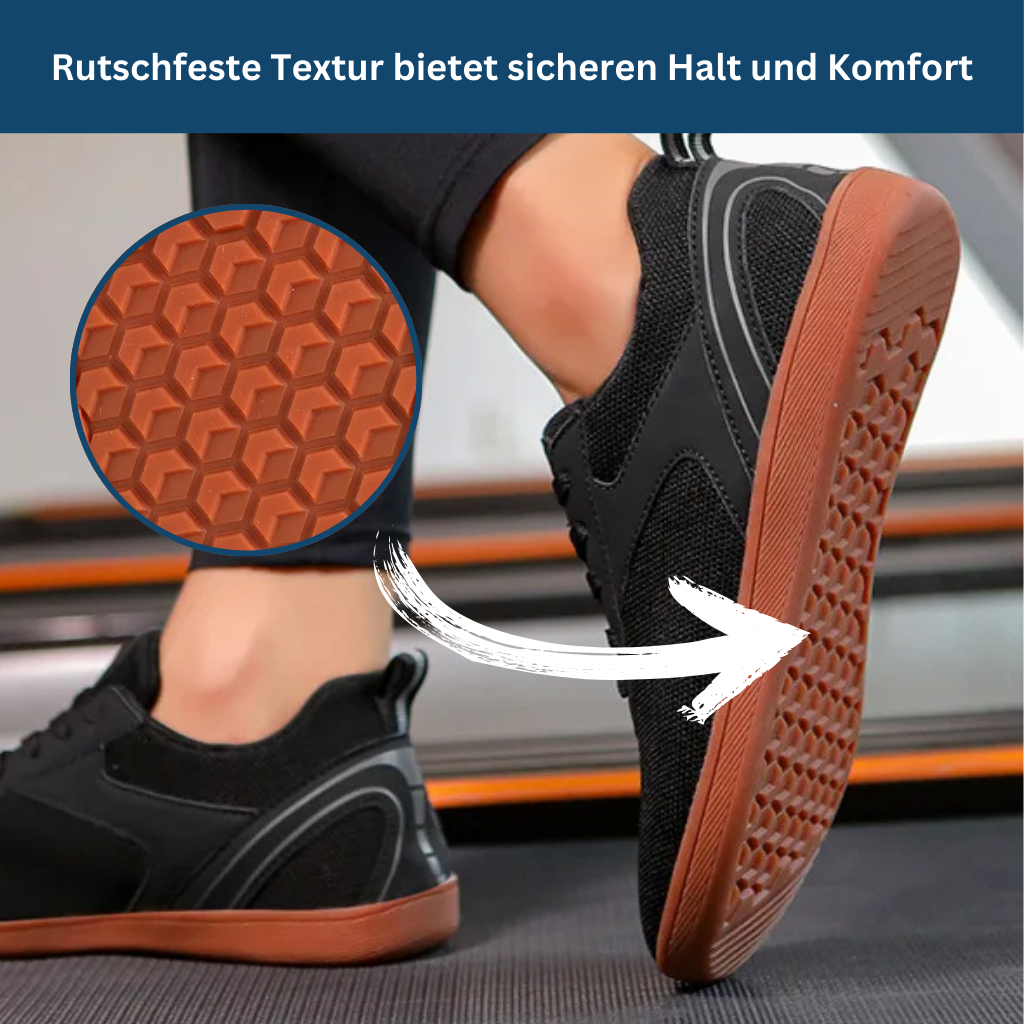 Athletic unisex minimalist shoes in a neutral gray color, promoting ground feel and flexibility