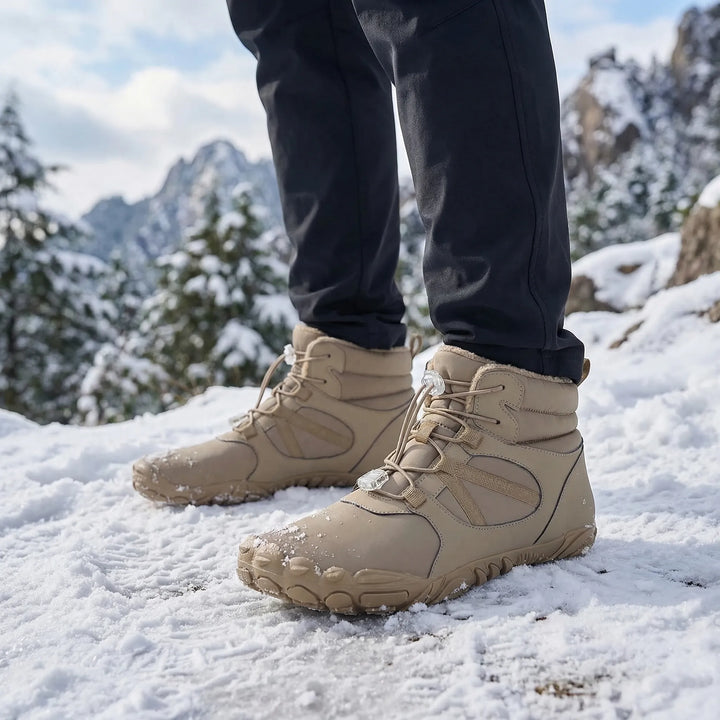 Unisex barefoot winter ankle boots. Waterproof & fleece-lined for warmth. Ideal for cold weather hiking.