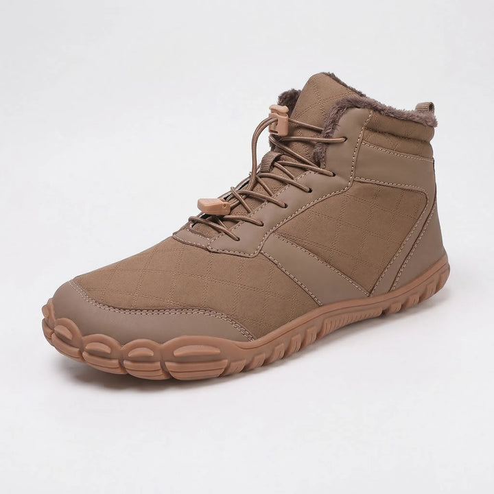 Side view of unisex barefoot winter ankle boots, showing durable waterproof material & ankle support.