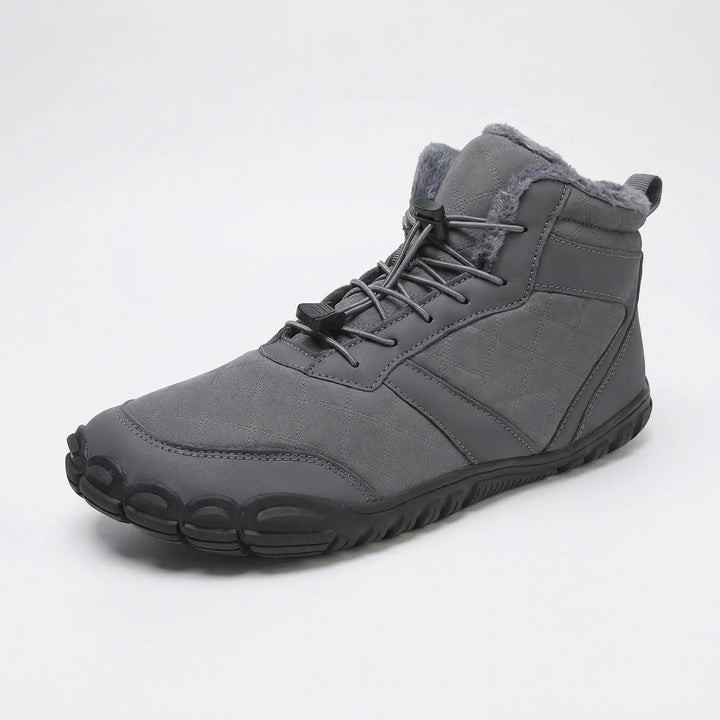 Fleece-lined barefoot winter boots, providing natural feel & warmth for snowy trails & cold weather.