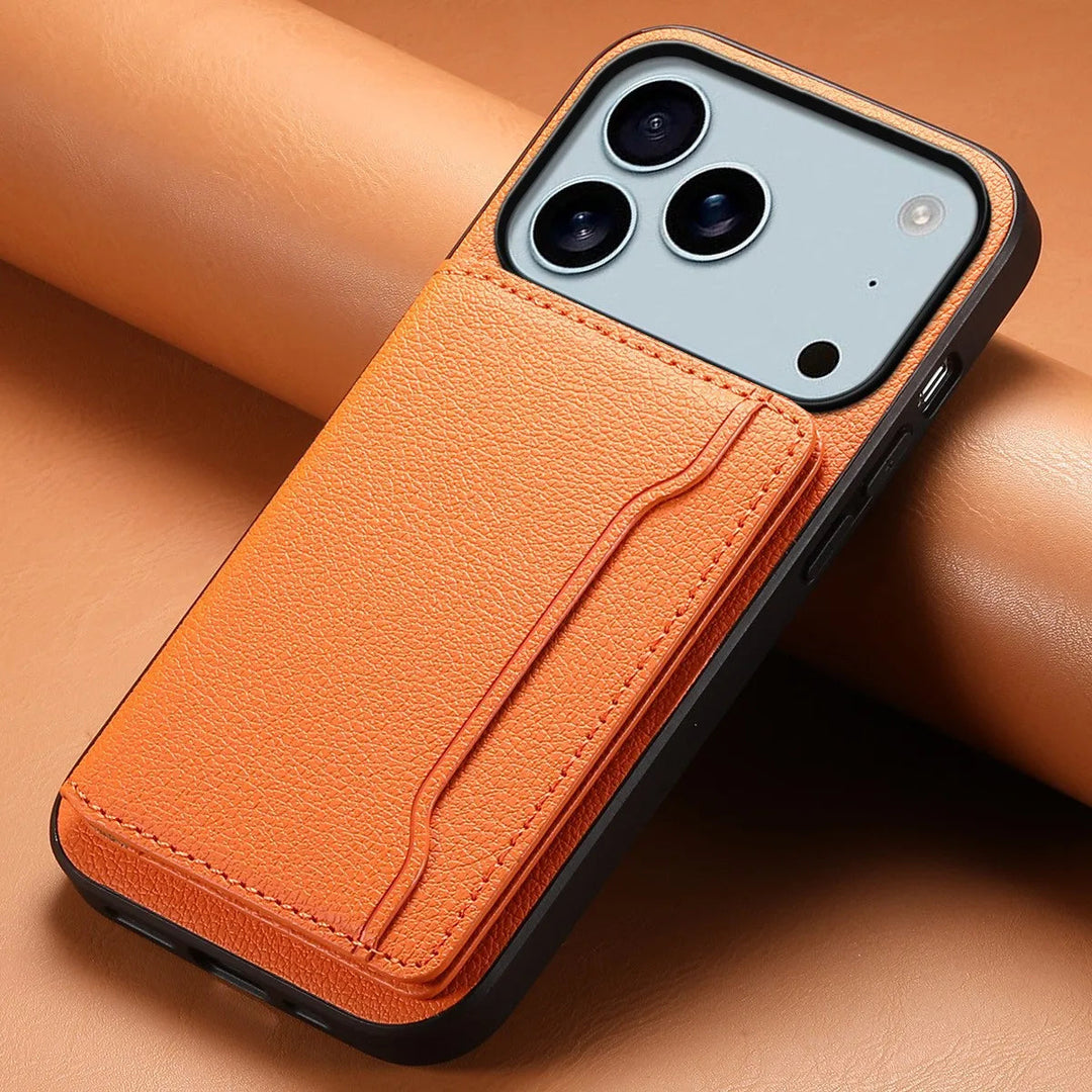 Unisex bifold smartphone wallet case with kickstand. Vegan leather, device protection.