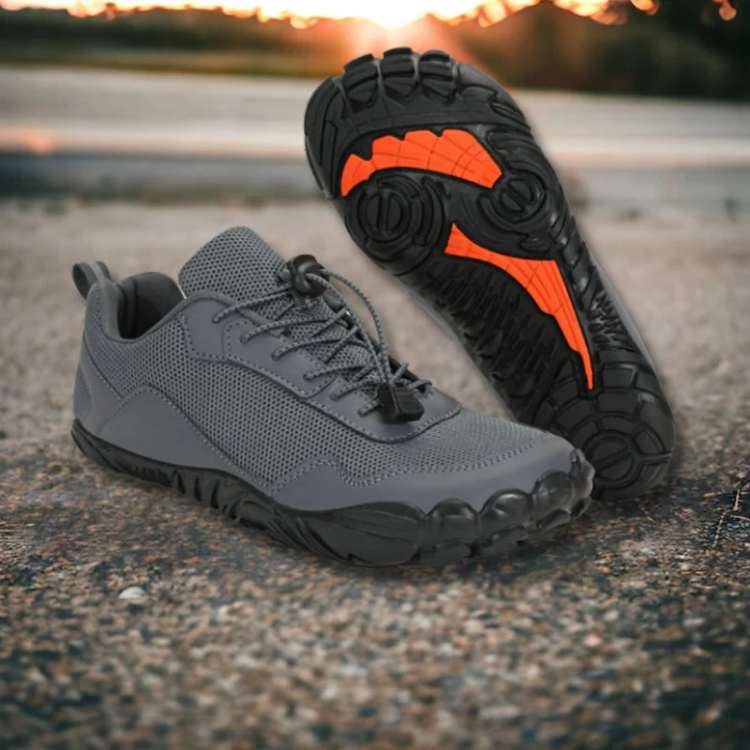 Unisex black barefoot minimalist shoes for hiking, showing flexible sole and wide toe box.