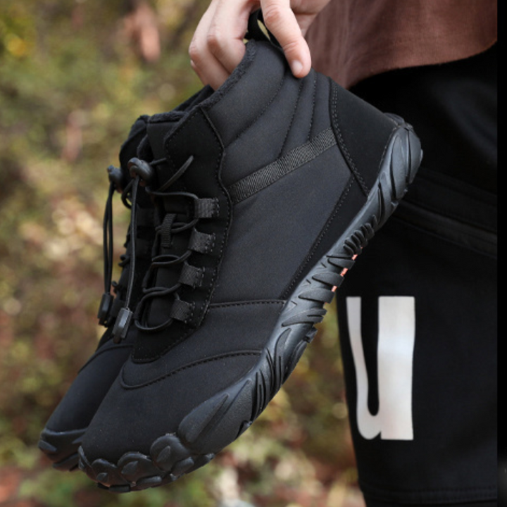 Minimalist black barefoot shoes for winter, emphasizing the wide toe box and durable design.