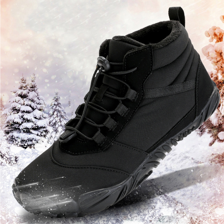 Outdoor shot of black thermal barefoot shoes, showcasing their robust and flexible construction.