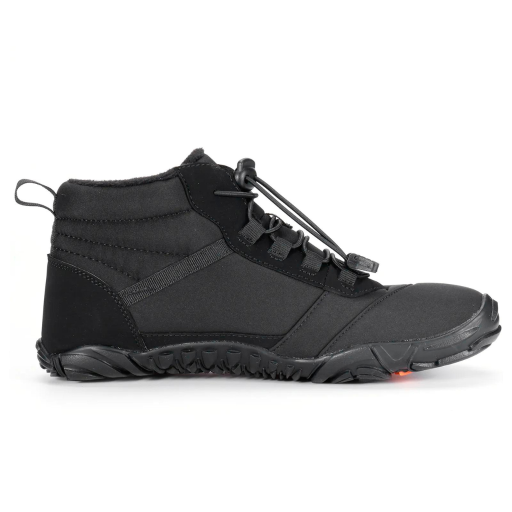 Pair of black minimalist winter barefoot shoes with a wide toe box on a cold surface.