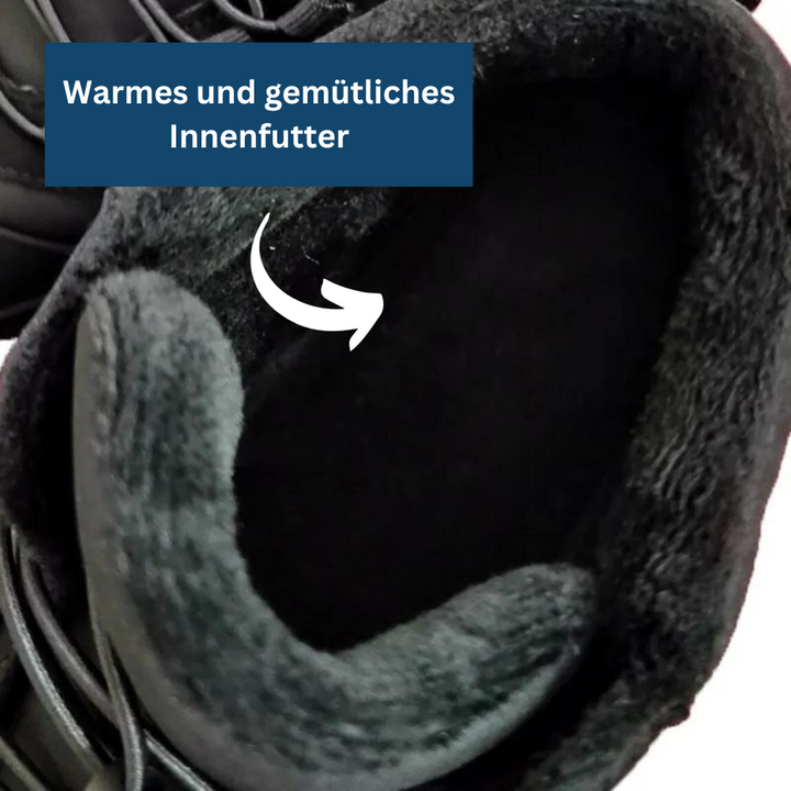 Close-up of the water-resistant material and flexible sole on black winter barefoot shoes.