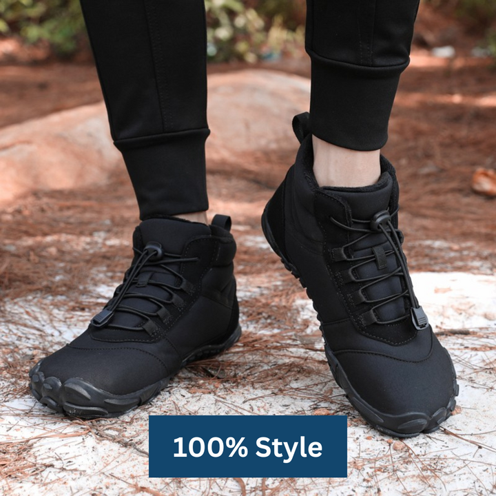 Side view of flexible sole barefoot winter shoes, black color, suitable for cold weather.