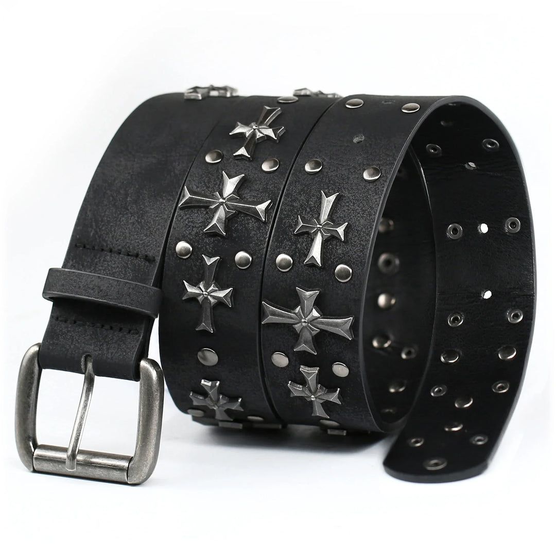 Unisex black faux leather belt with gothic studs and prominent cross rivets, a perfect punk rock accessory.