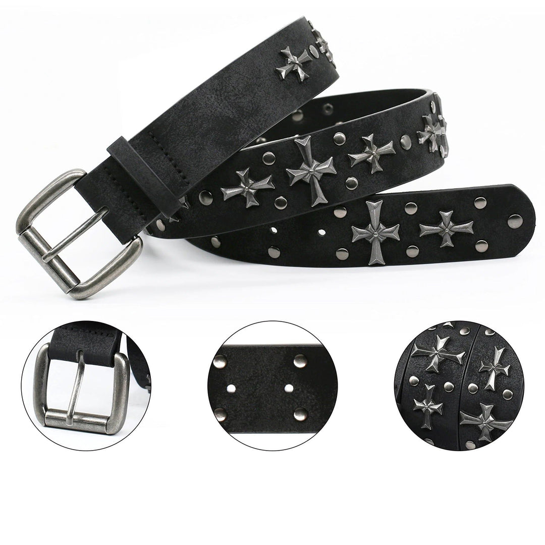 Close-up of a studded gothic faux leather belt, showing intricate cross rivets and sturdy buckle.