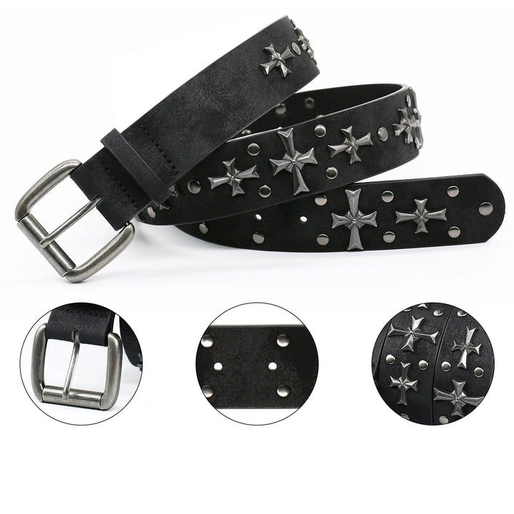 Close-up of a studded gothic faux leather belt, showing intricate cross rivets and sturdy buckle.