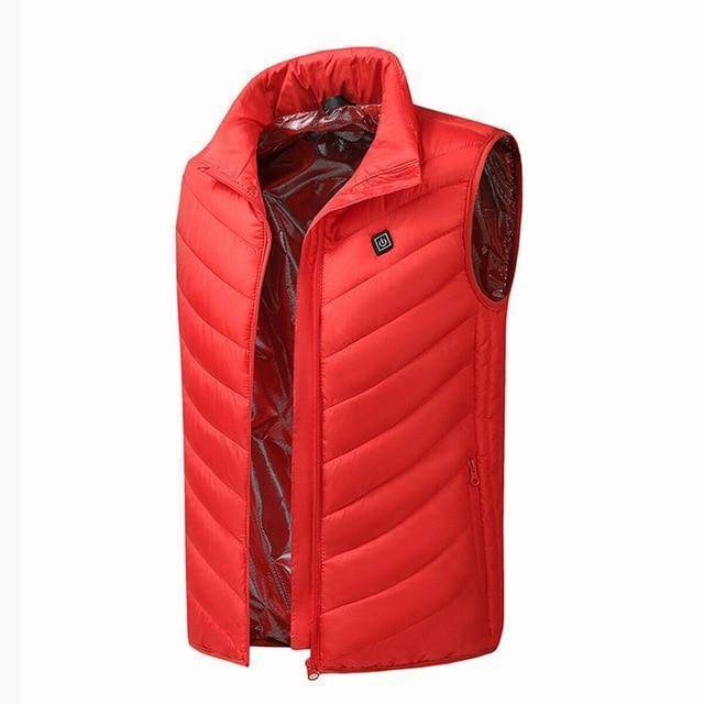 Black unisex heated winter vest, polyester material, providing thermal warmth for camping & hiking.