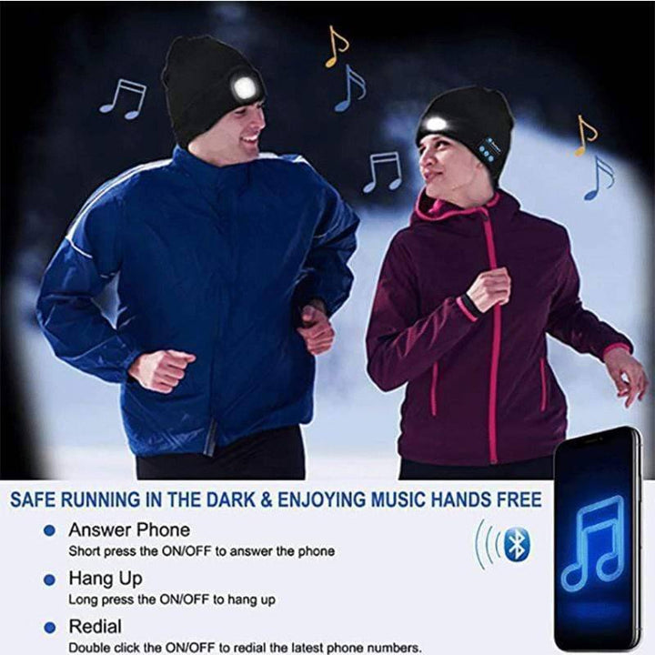 Outdoor gear: LED wireless beanie hat with integrated Bluetooth headset for music and illumination