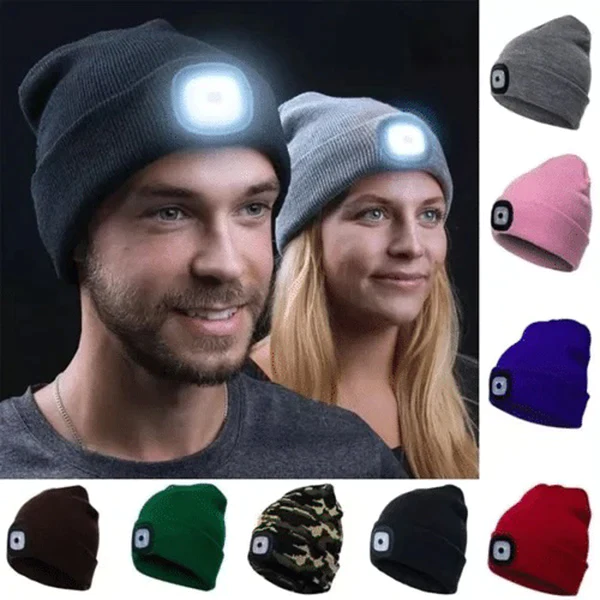 Unisex black LED beanie with integrated USB rechargeable light, perfect for outdoor running & camping.